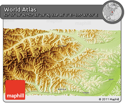 Physical 3D Map of the Area around 52° 30' 23" N, 135° 13' 29" E