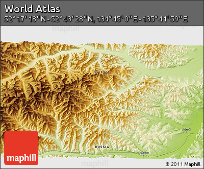 Physical 3D Map of the Area around 52° 30' 23" N, 135° 13' 29" E