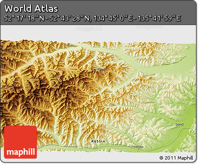Physical 3D Map of the Area around 52° 30' 23" N, 135° 13' 29" E