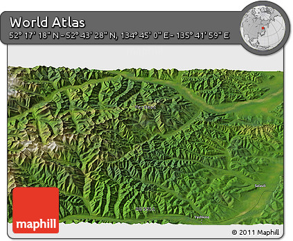 Satellite 3D Map of the Area around 52° 30' 23" N, 135° 13' 29" E