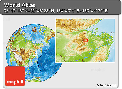 Physical Location Map of the Area around 52° 30' 23" N, 135° 13' 29" E