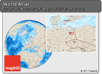 Shaded Relief Location Map of the Area around 52° 30' 23" N, 13° 40' 30" E