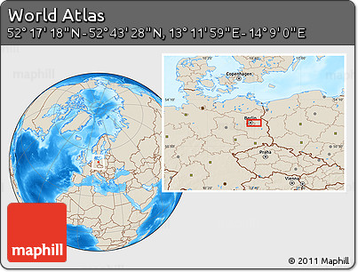 Shaded Relief Location Map of the Area around 52° 30' 23" N, 13° 40' 30" E