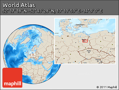 Shaded Relief Location Map of the Area around 52° 30' 23" N, 13° 40' 30" E