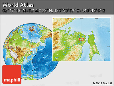 Physical Location Map of the Area around 52° 30' 23" N, 140° 19' 29" E