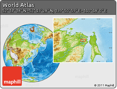 Physical Location Map of the Area around 52° 30' 23" N, 140° 19' 29" E