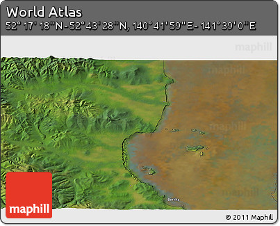 Satellite 3D Map of the Area around 52° 30' 23" N, 141° 10' 30" E
