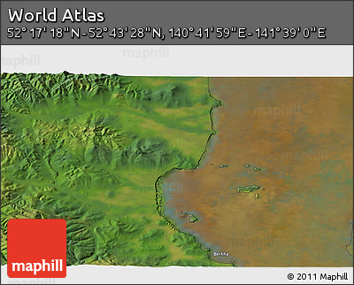 Satellite 3D Map of the Area around 52° 30' 23" N, 141° 10' 30" E