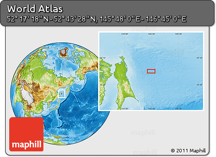 Physical Location Map of the Area around 52° 30' 23" N, 146° 16' 30" E