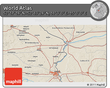 Shaded Relief 3D Map of the Area around 52° 30' 23" N, 14° 31' 30" E