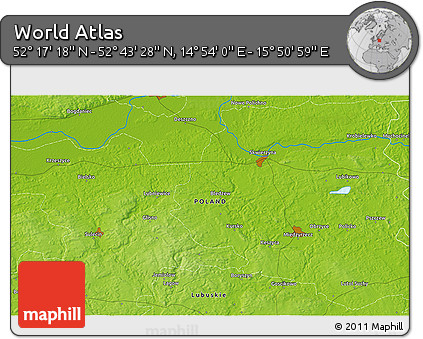 Physical 3D Map of the Area around 52° 30' 23" N, 15° 22' 30" E