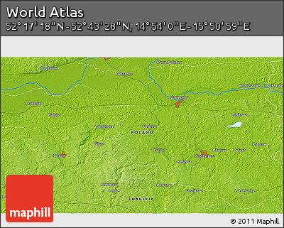Physical 3D Map of the Area around 52° 30' 23" N, 15° 22' 30" E