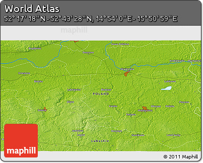 Physical 3D Map of the Area around 52° 30' 23" N, 15° 22' 30" E