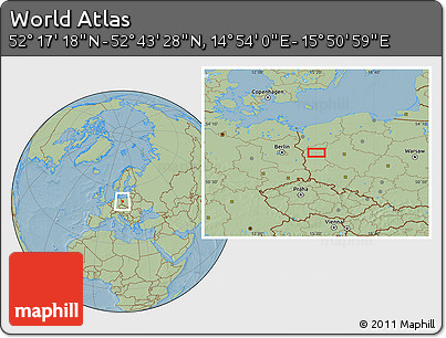 Savanna Style Location Map of the Area around 52° 30' 23" N, 15° 22' 30" E, hill shading