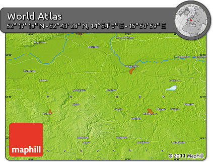 Physical Map of the Area around 52° 30' 23" N, 15° 22' 30" E