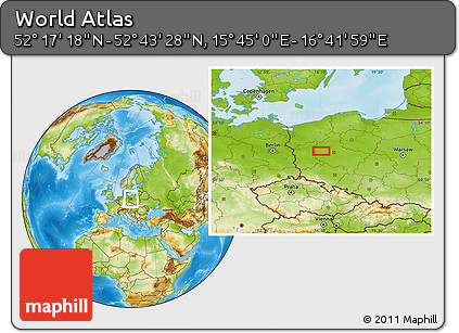 Physical Location Map of the Area around 52° 30' 23" N, 16° 13' 30" E