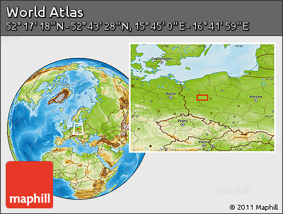 Physical Location Map of the Area around 52° 30' 23" N, 16° 13' 30" E