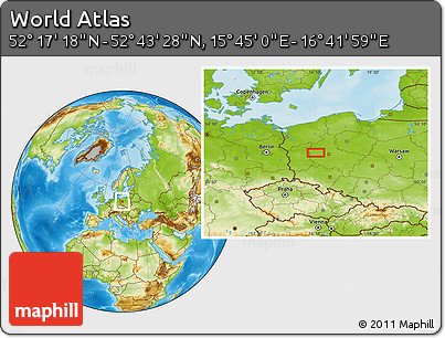 Physical Location Map of the Area around 52° 30' 23" N, 16° 13' 30" E