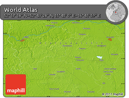 Physical Map of the Area around 52° 30' 23" N, 16° 13' 30" E