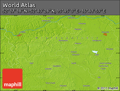 Physical Map of the Area around 52° 30' 23" N, 16° 13' 30" E
