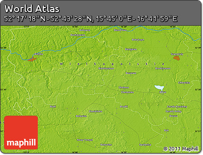 Physical Map of the Area around 52° 30' 23" N, 16° 13' 30" E