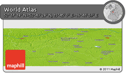 Physical Panoramic Map of the Area around 52° 30' 23" N, 16° 13' 30" E