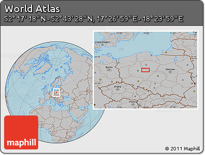 Gray Location Map of the Area around 52° 30' 23" N, 17° 55' 29" E, hill shading
