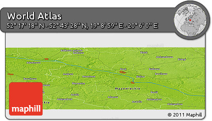 Physical Panoramic Map of the Area around 52° 30' 23" N, 19° 37' 30" E