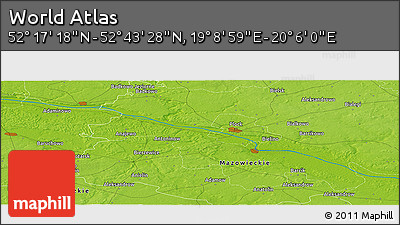 Physical Panoramic Map of the Area around 52° 30' 23" N, 19° 37' 30" E