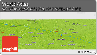 Physical Panoramic Map of the Area around 52° 30' 23" N, 19° 37' 30" E