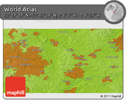 Physical 3D Map of the Area around 52° 30' 23" N, 1° 37' 30" W