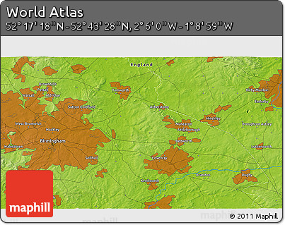 Physical 3D Map of the Area around 52° 30' 23" N, 1° 37' 30" W
