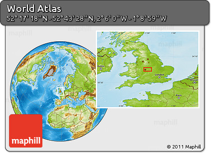 Physical Location Map of the Area around 52° 30' 23" N, 1° 37' 30" W