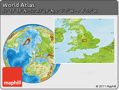 Physical Location Map of the Area around 52° 30' 23" N, 1° 37' 30" W