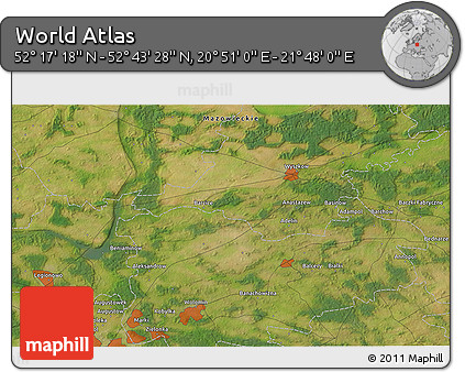 Satellite 3D Map of the Area around 52° 30' 23" N, 21° 19' 30" E