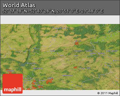Satellite 3D Map of the Area around 52° 30' 23" N, 21° 19' 30" E