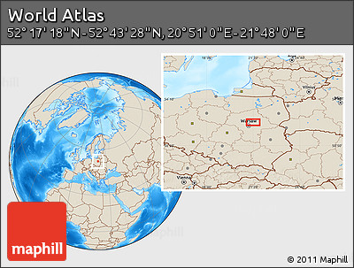 Shaded Relief Location Map of the Area around 52° 30' 23" N, 21° 19' 30" E