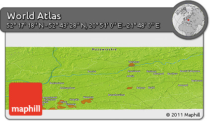 Physical Panoramic Map of the Area around 52° 30' 23" N, 21° 19' 30" E