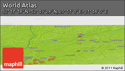 Physical Panoramic Map of the Area around 52° 30' 23" N, 21° 19' 30" E