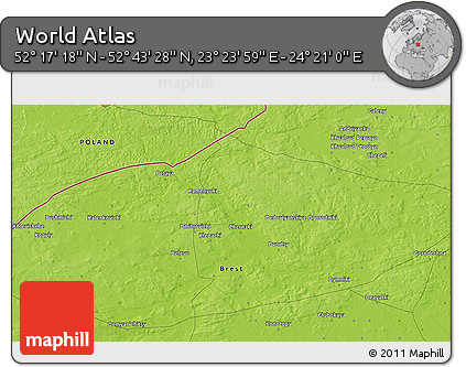 Physical 3D Map of the Area around 52° 30' 23" N, 23° 52' 30" E