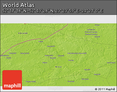 Physical 3D Map of the Area around 52° 30' 23" N, 23° 52' 30" E