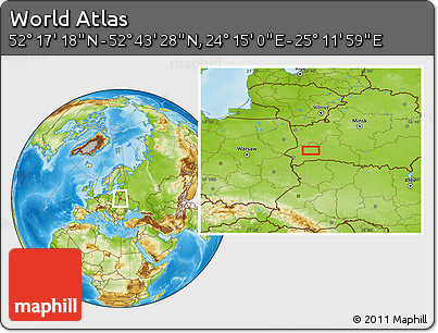 Physical Location Map of the Area around 52° 30' 23" N, 24° 43' 30" E