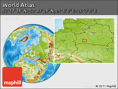 Physical Location Map of the Area around 52° 30' 23" N, 25° 34' 30" E