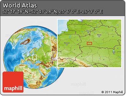 Physical Location Map of the Area around 52° 30' 23" N, 25° 34' 30" E