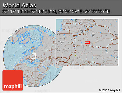 Gray Location Map of the Area around 52° 30' 23" N, 26° 25' 29" E, hill shading