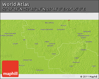 Physical 3D Map of the Area around 52° 30' 23" N, 27° 16' 29" E