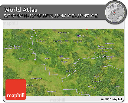 Satellite 3D Map of the Area around 52° 30' 23" N, 27° 16' 29" E