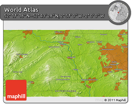 Physical 3D Map of the Area around 52° 30' 23" N, 2° 28' 30" W