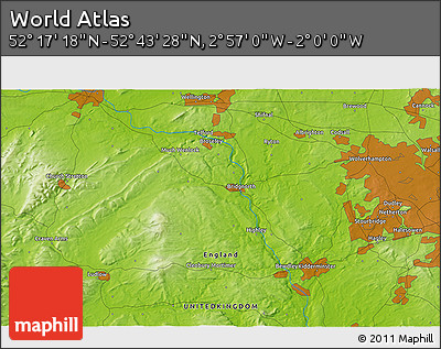 Physical 3D Map of the Area around 52° 30' 23" N, 2° 28' 30" W