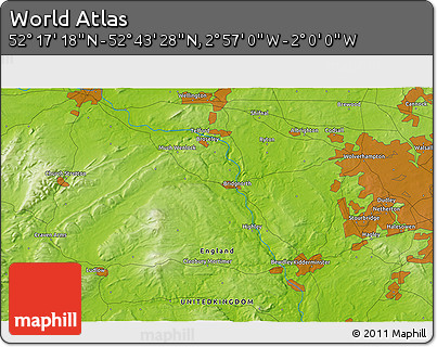 Physical 3D Map of the Area around 52° 30' 23" N, 2° 28' 30" W